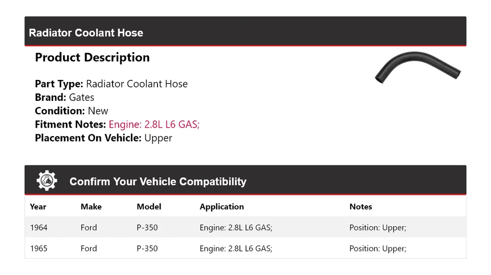 For 1964-1965 Ford P-350 2.8L L6 GAS Radiator Coolant Hose Upper Gates - Image 2 of 4