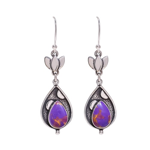 Copper Purple Turquoise Gemstone 925 Sterling Silver Earring, Oxidized Earring - Picture 3 of 4