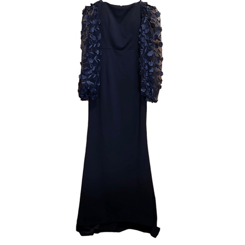 ELIZA J Dress Sz 4 Navy OFF SHOULDER 3D Floral Sleeve CREPE GOWN w train NWOT - Picture 8 of 12