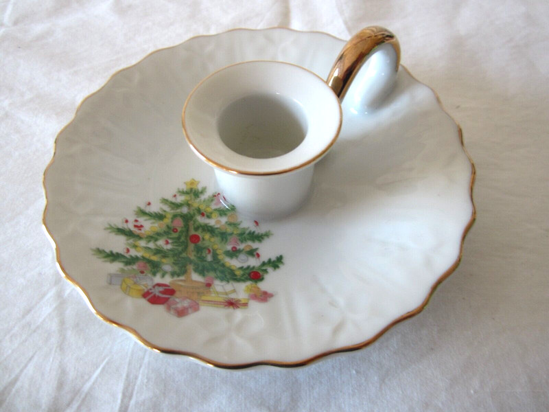 White Saucer with Handle & Gold Trim Candlestick Tapper Holder Xmas Tree Japan
