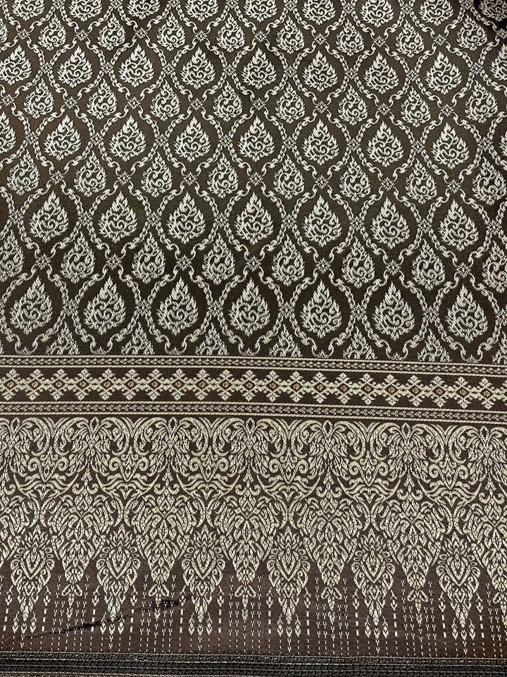 Vestido de novia de tela tradicional de seda tailandesa marrón y dorado patrón damasco 40' cortina Foto 4 de 4