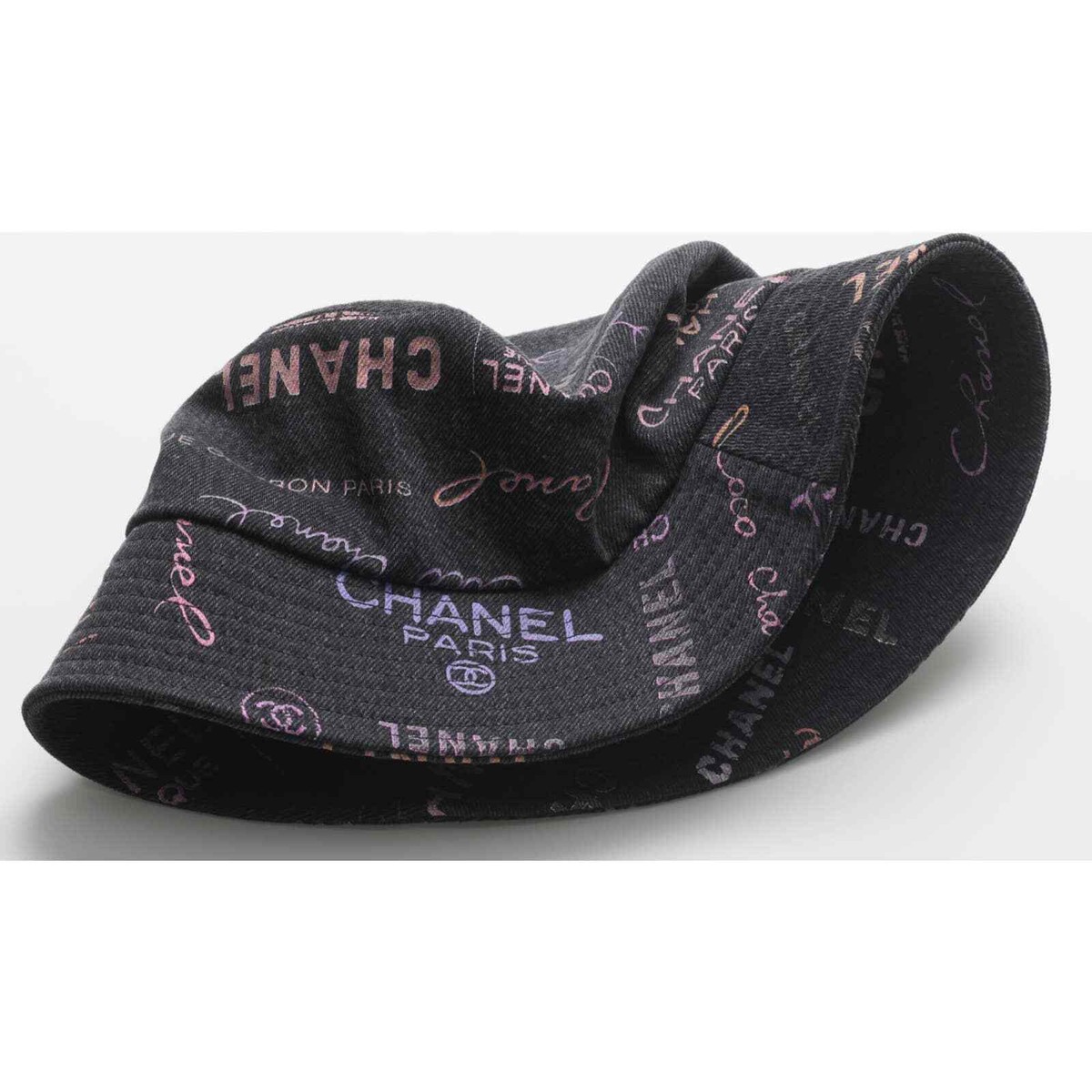 Chanel 22P Black Pink Purple Denim Graffiti CC Logo Sun Cloche