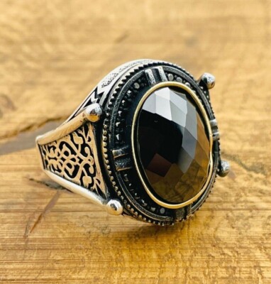Men Sterling Silver Ring, Black Onyx Stone Ring, 925K Mens