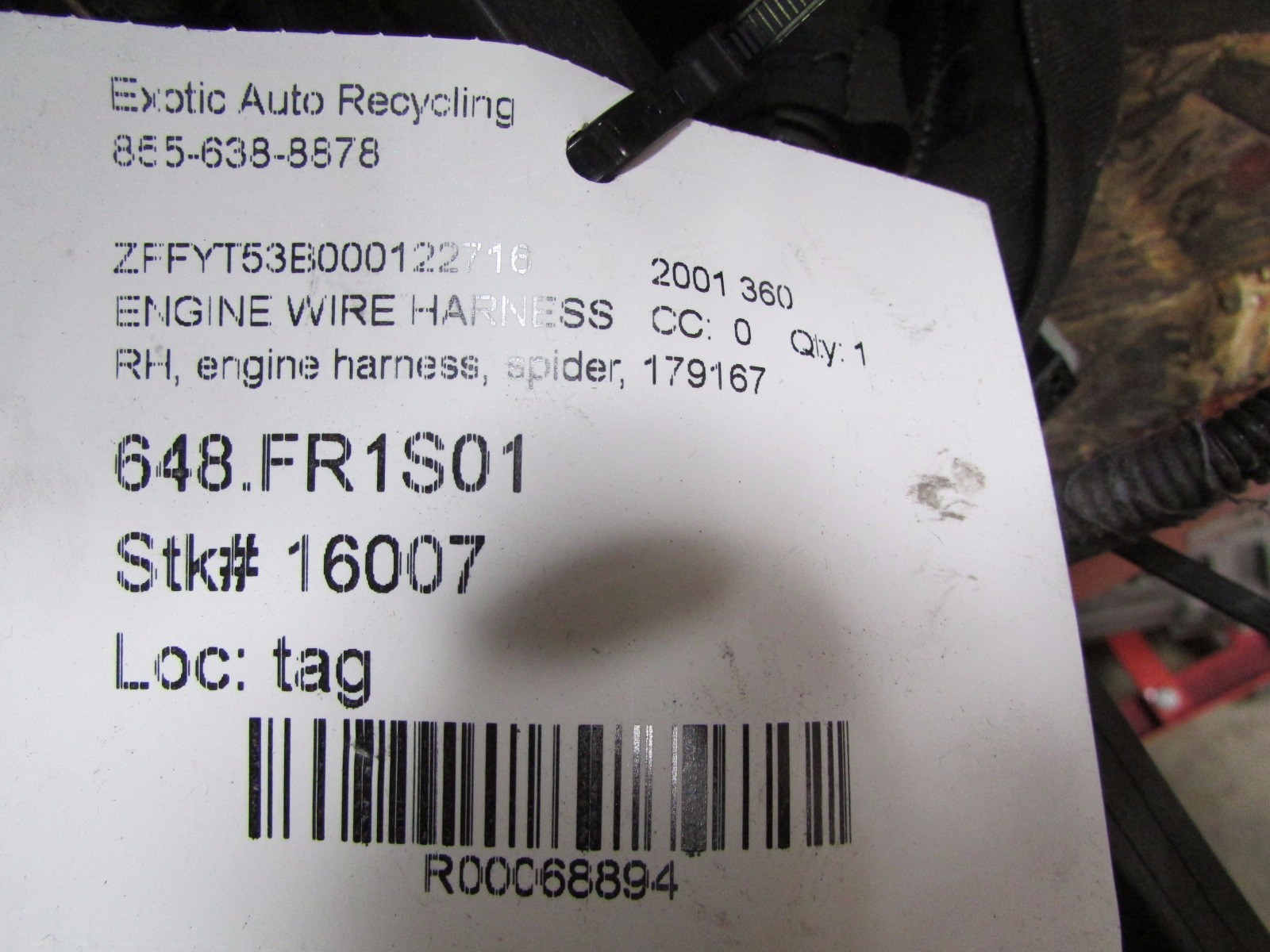 Ferrari 360 Spider, RH, Right Engine Wiring Cable Harness, Used, P/N 179167