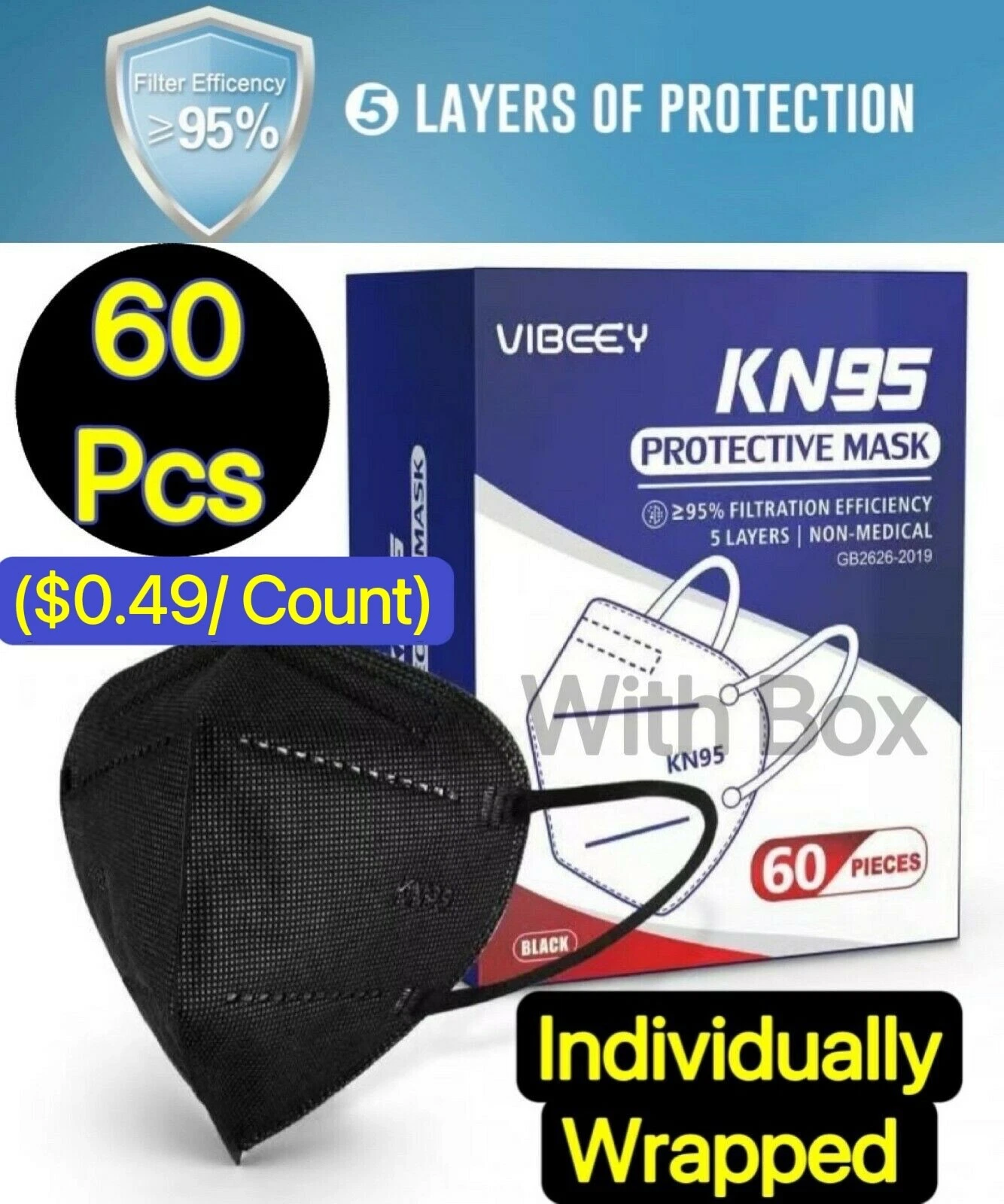 60 Pcs Black KN95 Protective 5 Layer Disposable Face Mask Adult Mouth Nose Cover
Opens in a new wind