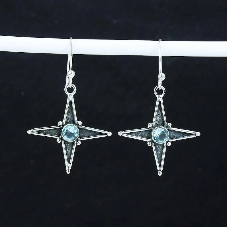 925 Sterling Silver Aquamarine Gemstone Handmade Jewelry Earring Size-1.5" - Image 3 of 4