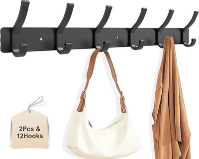 2 Pack Wall Mount Coat Rack with 6 Dual Hooks, Black Wall Hooks for Hanging