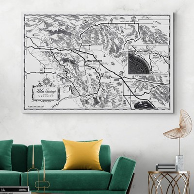 Pictorial Map of Palm Springs CA Resorts, Golf Courses, Desert Roads & Landmarks