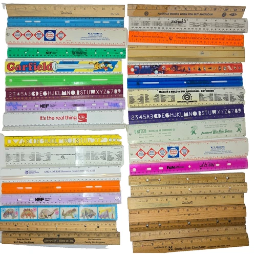 Vintage 12" Ruler Lot of 36 Wood Plastic Metal Advertisement Unions NFL Coke