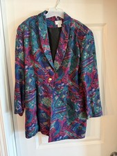 Vintage Georgetou Silk Blazer Womens Small Abstract 90s Colorful Jacket