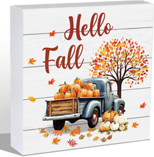 Hello Fall Decorations Pumpkins Truck Maple Leaves Tree Wooden Sign Tabletop
