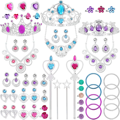 #ad 56 Pack Princess Jewelry for Girls Dress Up Accessories Crown Wand Rings Earring $29.65