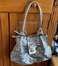Damen Handtasche silber Leder Schlangenhaut g...