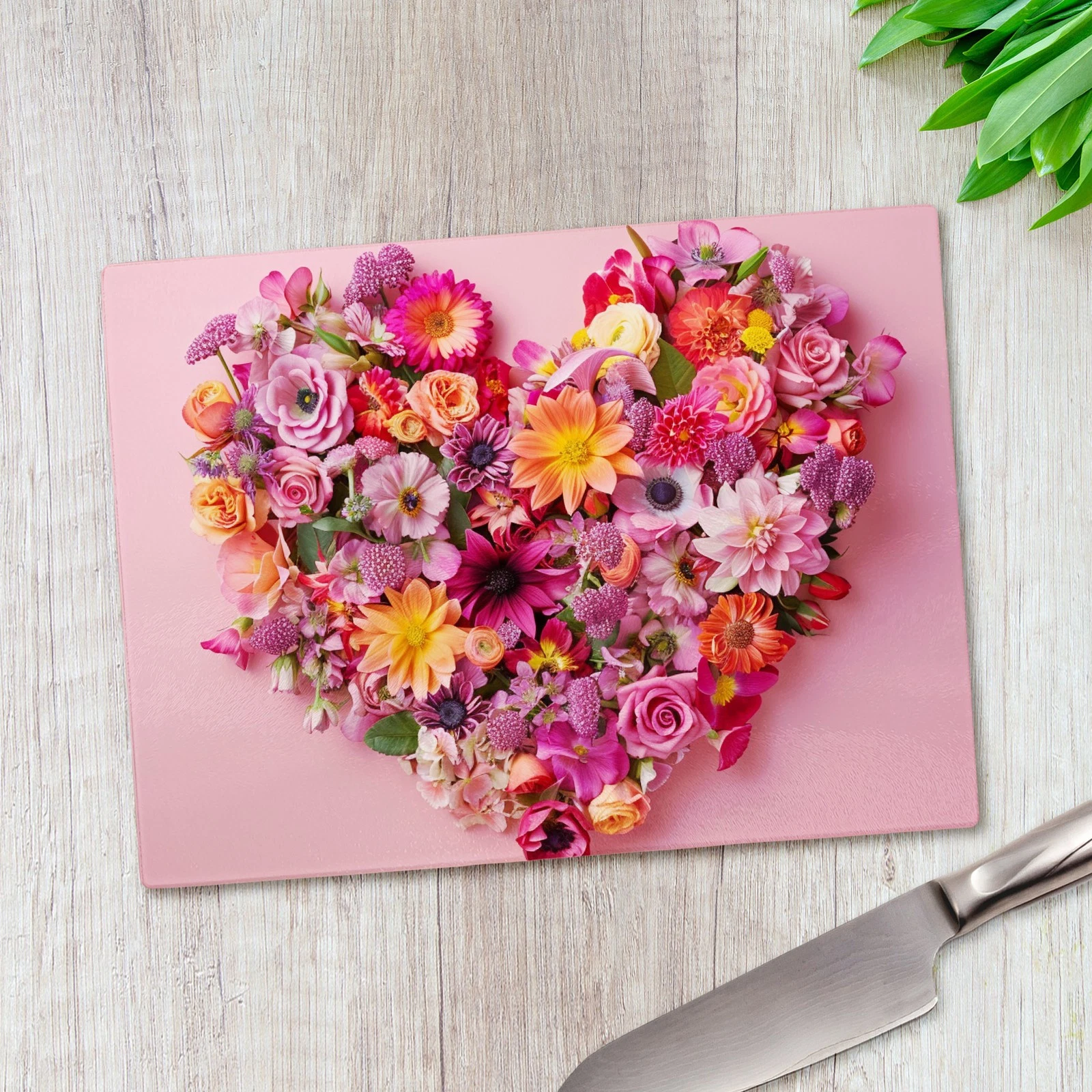 Heart Bouquet of Flowers Glass Chopping Board Large Kitchen Worktop Saver