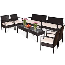Patiojoy 8PCS Poolside Rattan Conversation Furniture Set Soft Seat Glass Table
