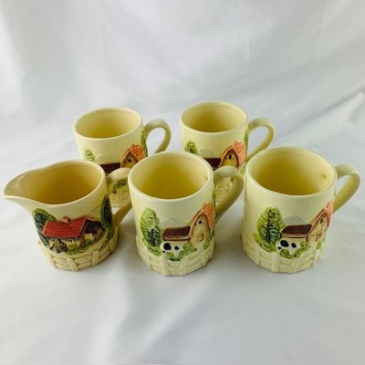 Cottage Core Coffee Cups with Creamer 3D Farmhouse Barn Vintage Marks Rosenfeld
