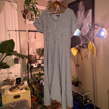 CHAPS Blue White Striped Cotton Midi Dress Short Sleeve V Neck Casual Summer L