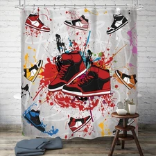 Boys Sneaker Shower Curtain 72Wx72L Inch Teens Cool Retro Basketball Footwear...