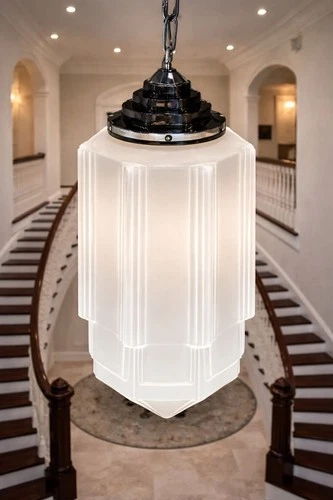 Vintage Art Deco Skyscraper Milk Glass Pendant Light Chrome Canopy with Chain