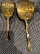 Vintage Gold Toned Floral Mirror and Hair Brush Set Matching Vanity Style