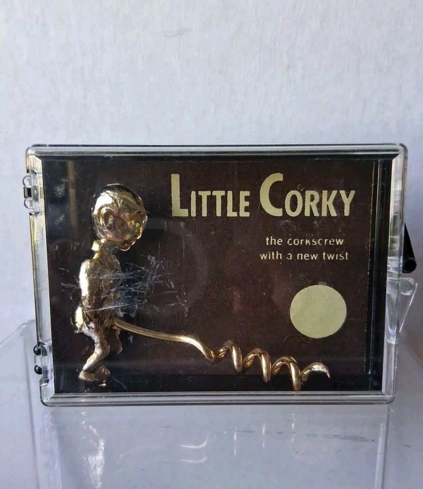 NOS (New Old Stock) gold-tone 'Little Corky Pee Boy' figural corkscrew — deadstock vintage means it's never been used, a rarity for novelty barware.