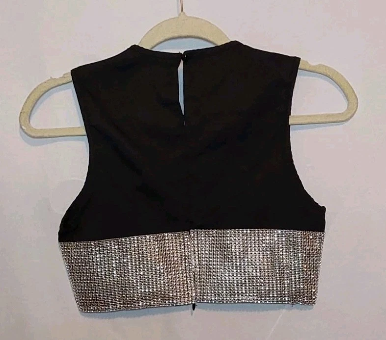 Mujeres M Negro Plateado Metálico Chaleco Corto Top Sin Mangas Ropa de Club Festival Foto 2 de 4