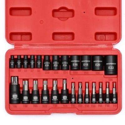 25 Piece Torx Bit and Socket Set, 13 Star Bits (T8- T60) T8-T60,E4-E22(25PCS)