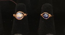 Iridescent Glass Bead Rings Blue SZ 5 Clear SZ 4 Copper Wire Jewelry Gift.