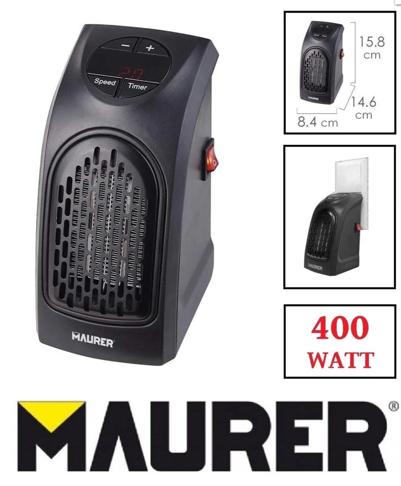 MAUER TERMOVENTILATORE STUFA ARIA CALDA 400 W TIMER A PARETE COLORE NERO 51214 - Immagine 3 di 4