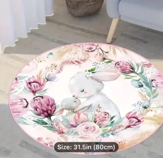 Alfombra para Guardería o Habitación Infantil Diseño Conejo Estampado Suave Antideslizante 31.4 pulgadas Redonda Foto 4 de 4