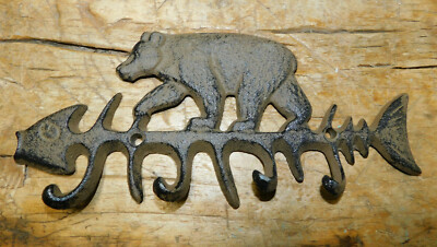 bear hook fishing Ebros Cast Iron 9"Long Rustic Forest Black Walking On Fish Bone 4 Pegs Wall Plaque Western Bears Hunting Cabin Lodge Country For Coats Hats Clothing Leashes Hangers Hooks ( inline weight Reaction Innovations Man Bear Pig,