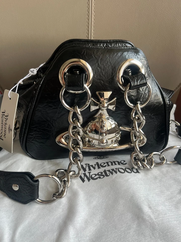 Vivienne Westwood Big Orb 2Chain Strap Black Leather Shoulder Bag - Image 3 of 4