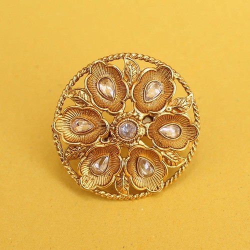 Gold Plated Finger Ring Cubic Zirconia Kundan Adjustable Ring For Wedding - Picture 8 of 15