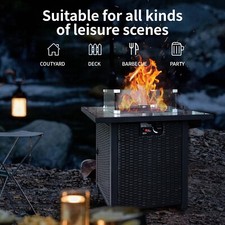 Elegant 28" Square Gas Fire Pit Table - Wicker Rattan, Propane Outdoor Heater