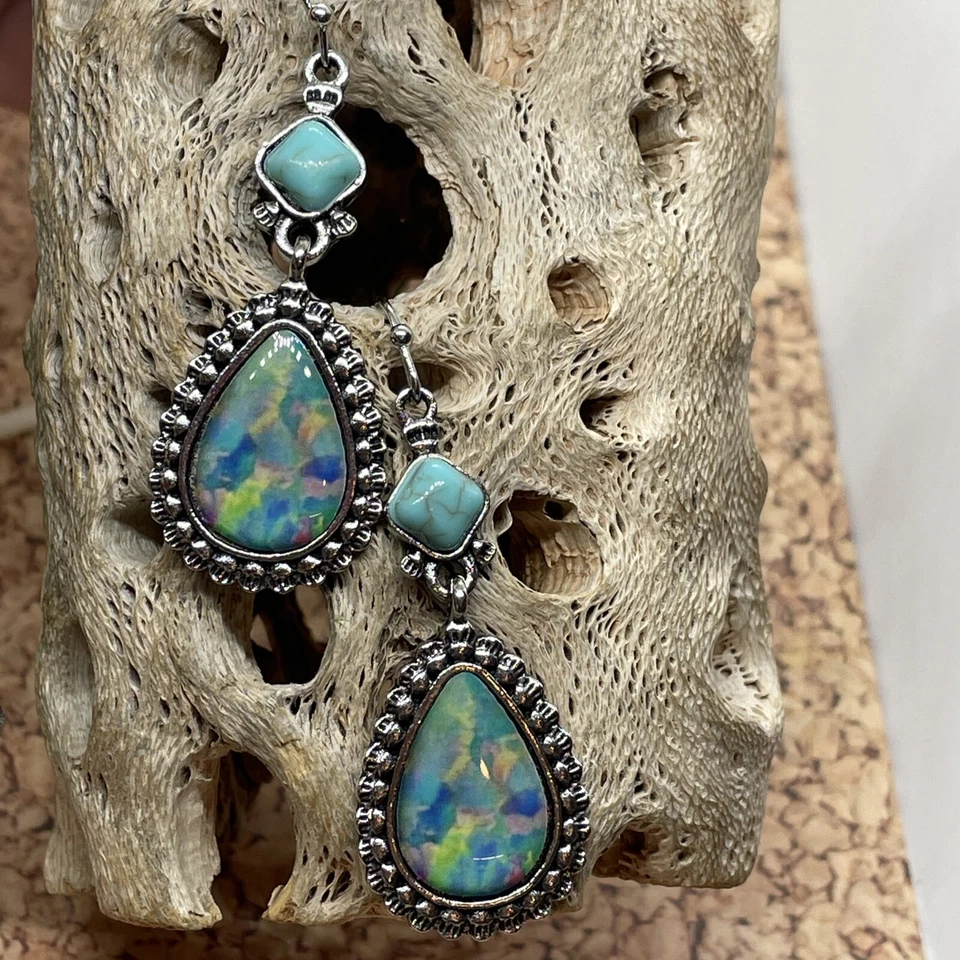 Southwestern Faux Turquoise Beach Mermaid Cluster Pendant blue Earrings Western - Image 4 of 4