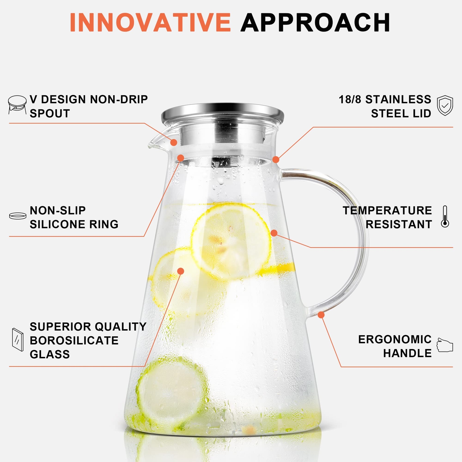 2.0 Liter 68oz Glass Pitcher with Lid Easy Clean Heat Resistant Glass ...