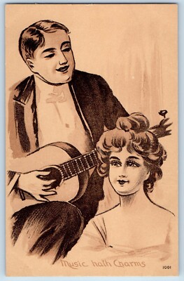 Couple Romance Postcard Music Hath Charms Playing Guitar c1910's Antique