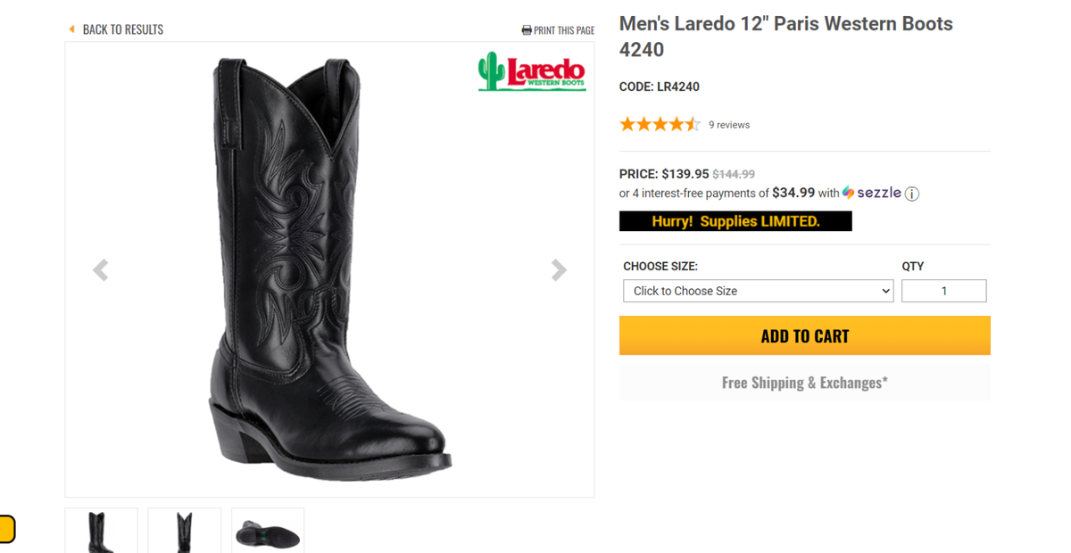 Larado Black 12” Paris Western Leather Cowboy Boots sz 11 Laredo Men main image 2
