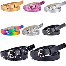 Glitter Faux Leather Belt Slim 1.5cm Adjustable Kids Jeans Waist Party Belts