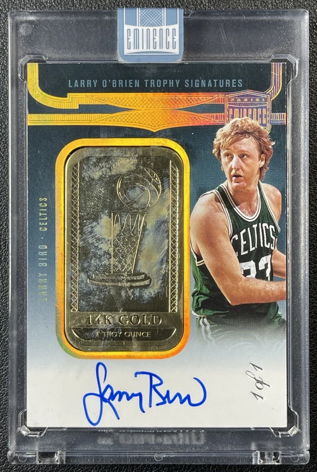 LARRY BIRD 2024-25 PANINI EMINENCE #1 LARRY O'BRIEN TROPHY AUTO 14K GOLD BAR 1/1