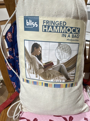 Bliss Hammocks Fringed Hammock Hand-Woven Rope Beige Indoor Outdoor Use