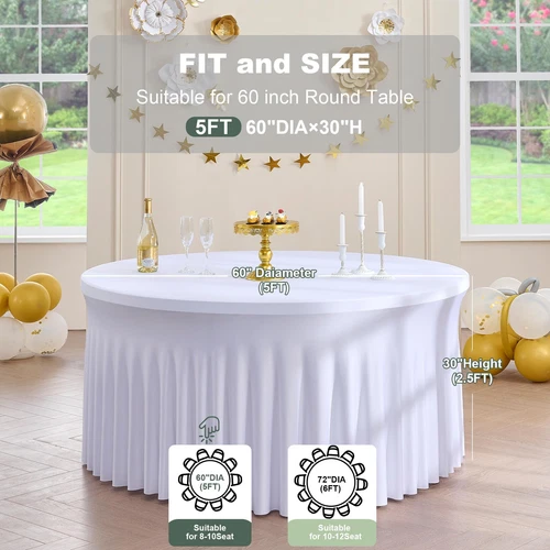 6 Pack White Round Spandex Tablecloths for 60in Tables, 120Inch Stretchy Fitt... - Picture 6 of 7