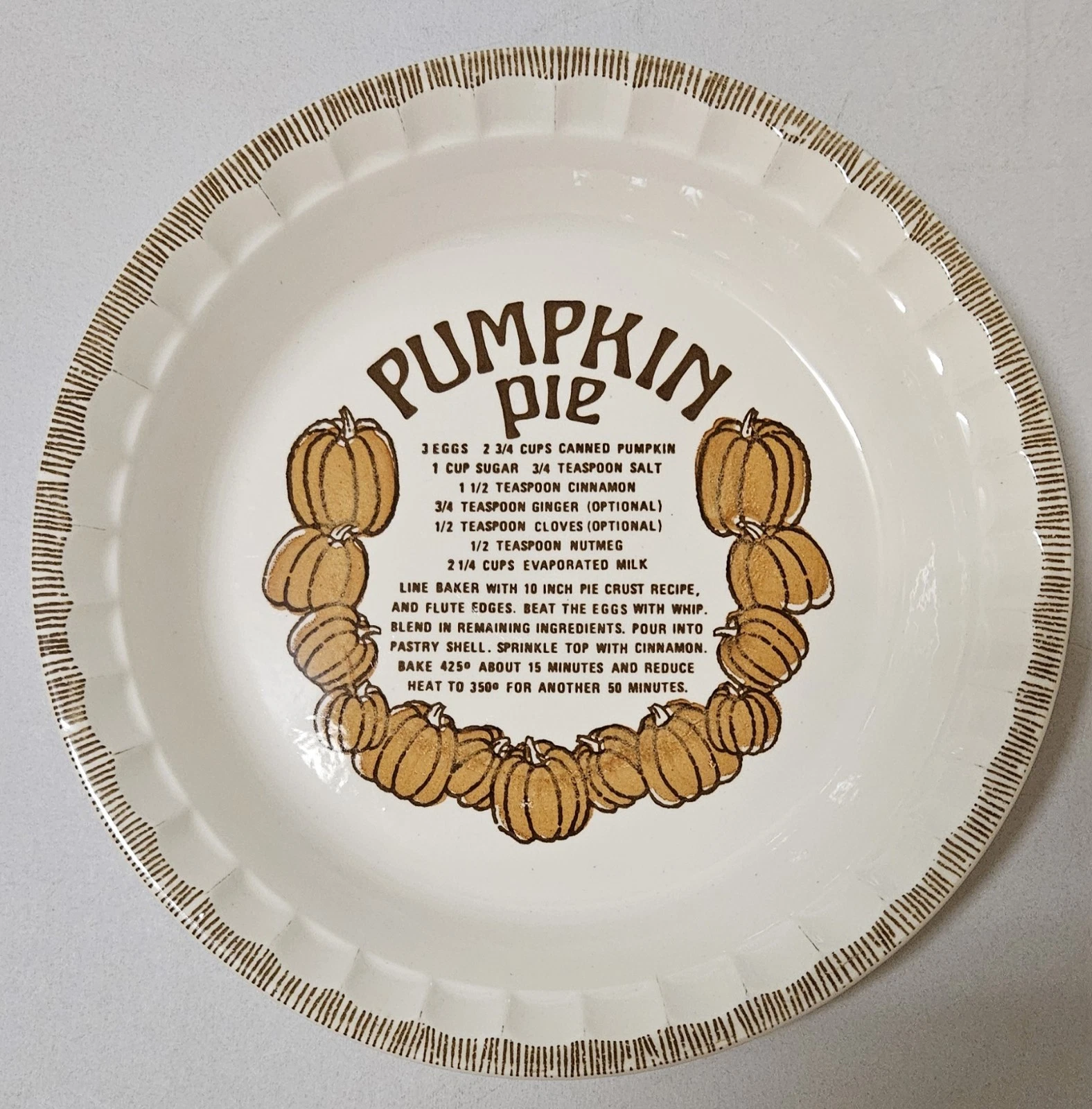 Vintage 11" Jeanette Royal China Pumpkin Pie Plate Ruffled-Edge w/Recipe