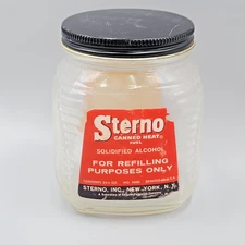 Vintage Sterno Canned Heat Fuel Refilling Glass Jar New York