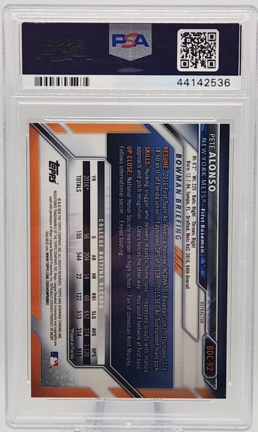 PSA 10 Pete Alonso 2016 Bowman Draft 1st Chrome Prospect Refractor #BDC-92 view 2
