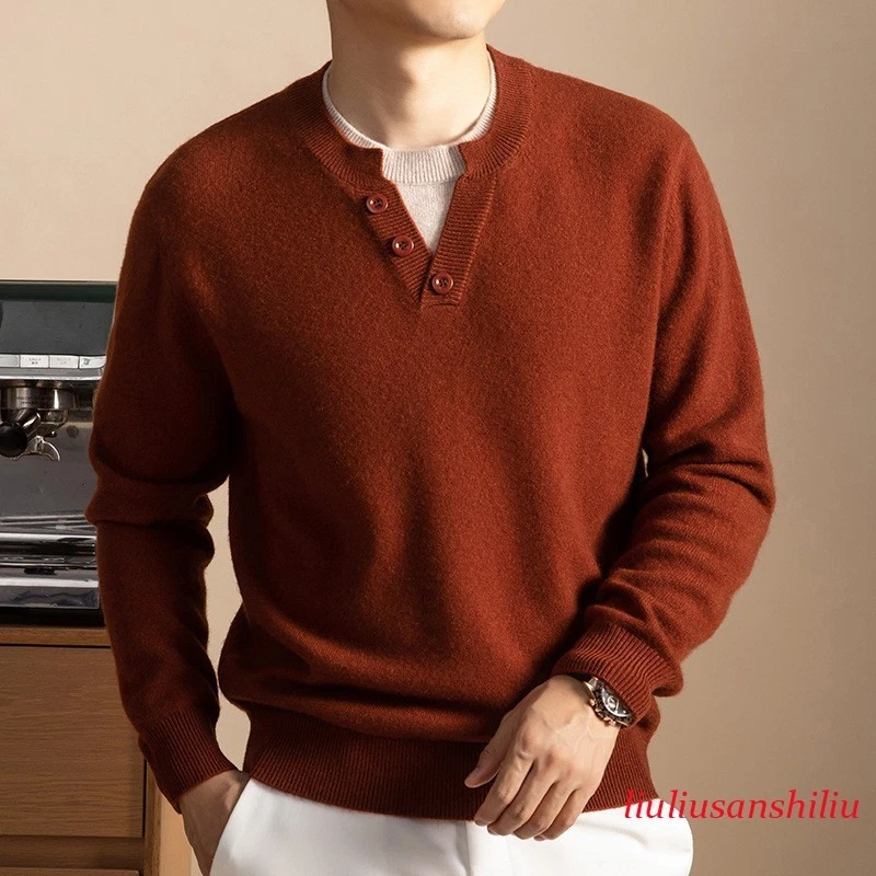 Korean Men's Cashmere Long Sleeved Pullover Sweater Warm Round Neck Wool Sweater