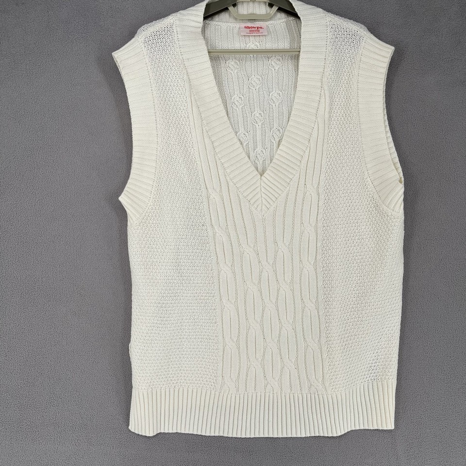 Showpo Vest Womens 12 Ivory White Cable Knit V Neck Sleeveless Jumper