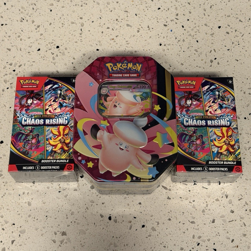 Sealed Pokémon TCG Chaos Rising Booster Bundles and Mega Clefable Tin English