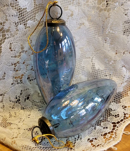 Large Neodymium-Effect Glass Ornaments Set Of 2 Purple Blue 6.5" EUC