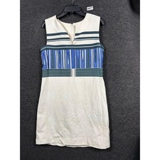 Tory Burch  Silk Sheath Dress Womens Sz 6 Ivory Blue Geometric Print Sleeveless 